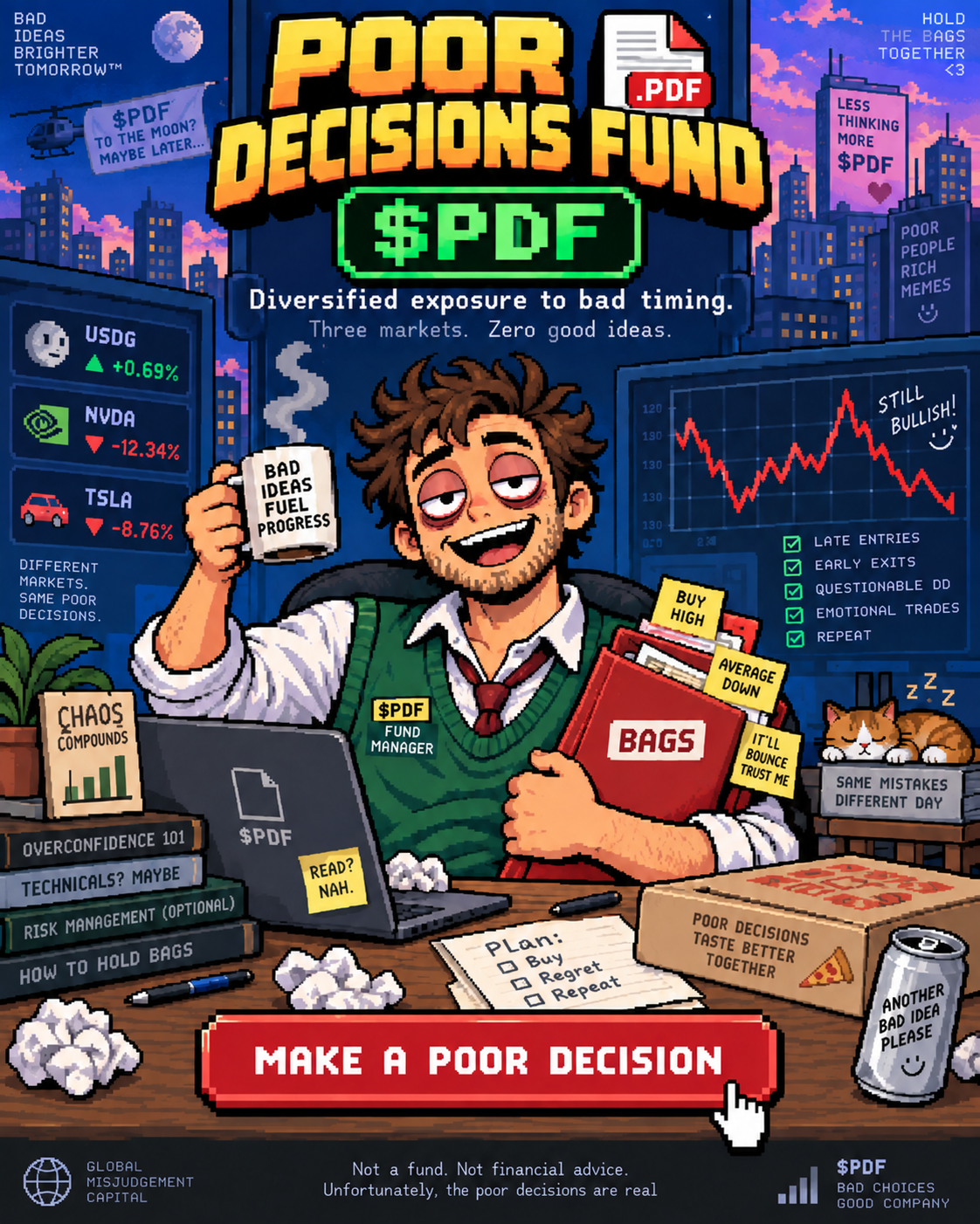 Pixel-art Poor Decisions Fund poster featuring a sleep-deprived fund manager holding a red bag